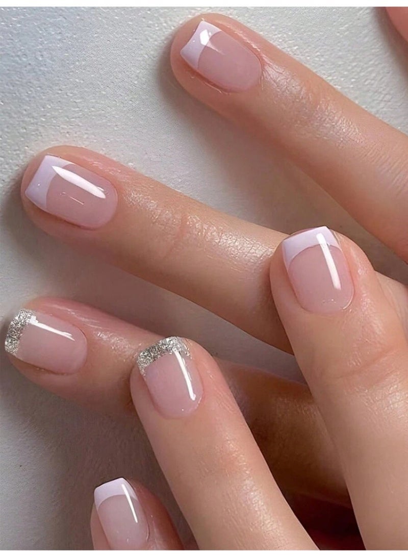 Short Press-On Nails French Style, 24-Piece Set, Pink and White French Design with Silver Tip – Reusable for Women - Image 1